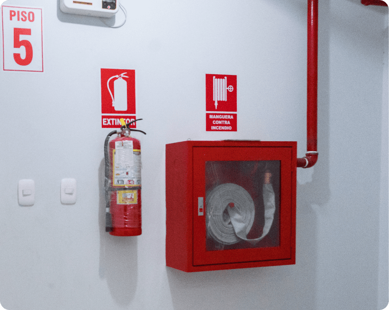 Red fire safety signs and tools