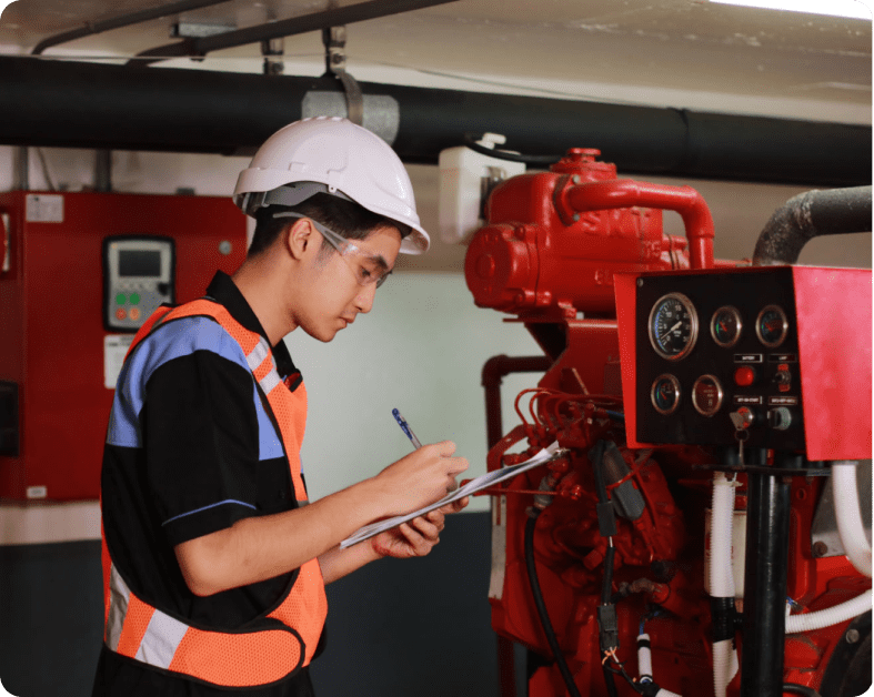 Technician writing notes on industrial machine