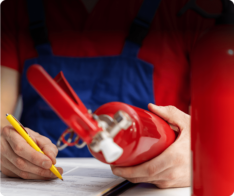 Technician examining fire extinguisher