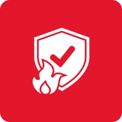 Red background with shield and flame